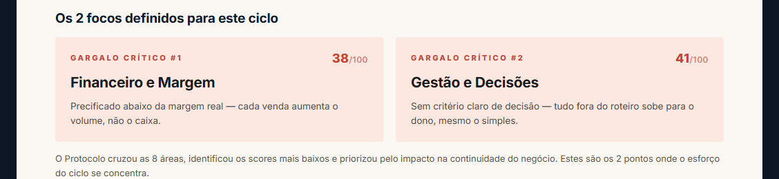 Trecho do relatório: os 2 focos do ciclo — Financeiro e Margem (score 38/100) e Gestão e Decisões (score 41/100), com a causa de cada ponto.
