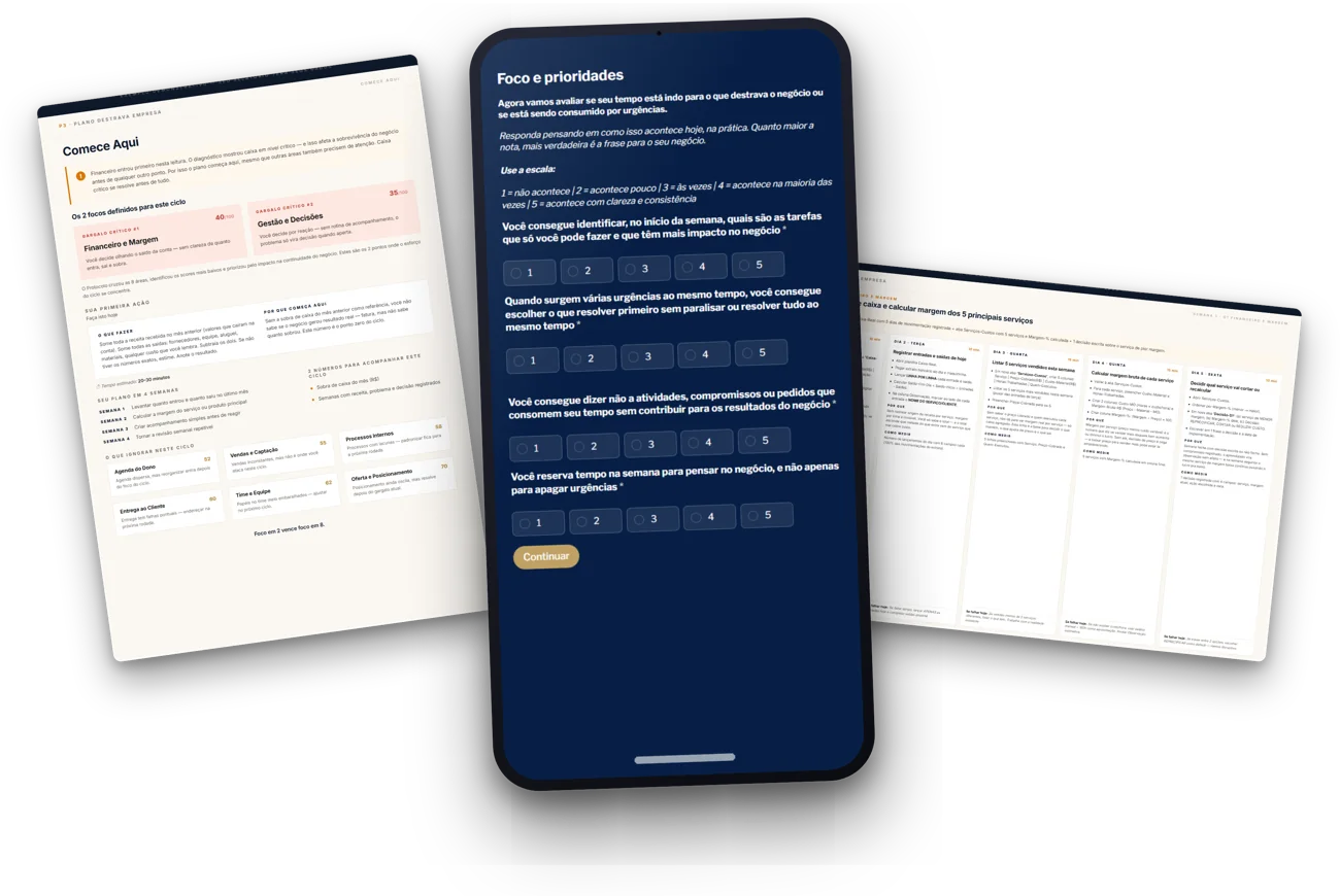 O formulário de diagnóstico do Plano Destrava Empresa aberto no celular, com o relatório dos 2 pontos e o plano de 30 dias ao fundo.